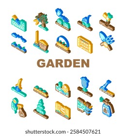 garden maintenance mulching icons set vector. weeding fertilizing, watering mowing, edging aeration, composting planting, trimming garden maintenance mulching isometric sign illustrations