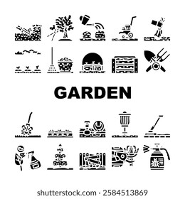 garden maintenance mulching icons set vector. weeding fertilizing, watering mowing, edging aeration, composting planting, trimming garden maintenance mulching glyph pictogram Illustrations