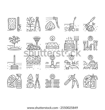 garden maintenance mulching icons set vector. pruning mulching, fertilizing watering, mowing edging, planting trimming, aerating garden maintenance mulching black contour illustrations