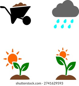Garden maintenance and weather icon set. Wheelbarrow, rain, sun, and sprout symbols for gardening.