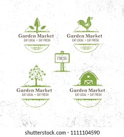 Garden Market Eat Local Farm Fresh Food. Organic Vector Design Element On Rough Texture Background 