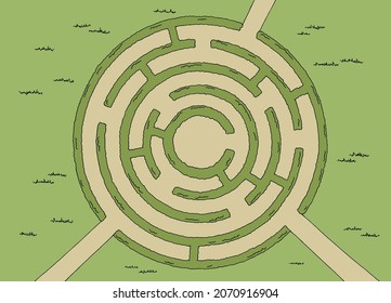 Garden maze bush graphic round color sketch top aerial view illustration vector 