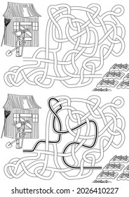 Garden maze for kids with a solution in black and white