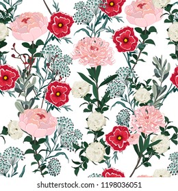 Jardín y pradera Flor Seamless Patrón colorido floral floreciente, Aislado en color blanco. Textura De Decoración Botánica Floral. Diseño de estilo dibujado a mano para impresión de tela, fondo de papel tapiz.