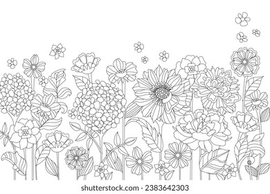 garden meadow of stylised flowers. coloring book page for adults and children