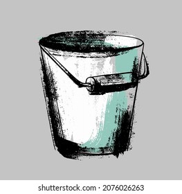 Garden metal bucket, for watering plants. Illustration in the style of a careless sketch.