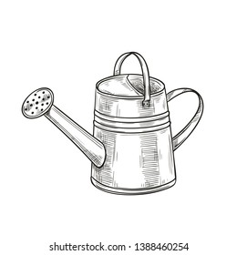 Garden metal watering can, sketch style. Vector illustration of Garden tools.