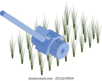 Garden Mini Power Tiller isometric concept, Rotary or Weeder in farm field vector icon design, Lawn and Gardening symbol, Farm and Plant sign, agriculture and horticulture equipment stock illustration