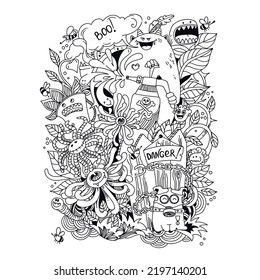 Garden of Monsters. Insect repellent treatment. Doodles Coloring page for adult. Vector illustration.