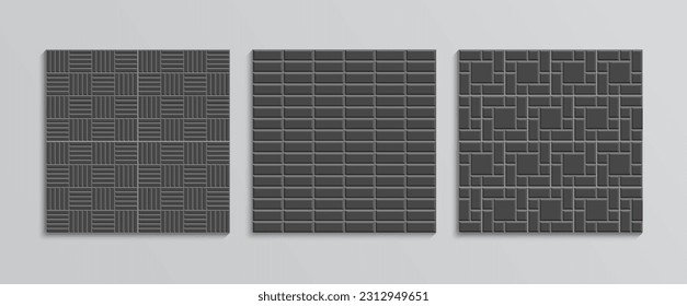 Garden mosaic texture collection. Paved floor pattern set. Street seamless print. Slab pavement. Paver tile patio. Decorative cobblestone background. Cement brick backdrop. Vector illustration