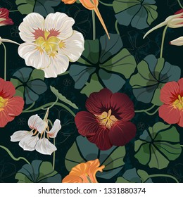 Garden nasturtium flowers and leaves on a dark background. Seamless pattern.