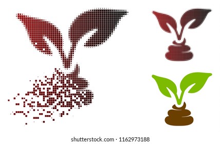 Garden natural fertilizer icon in dispersed, pixelated halftone and undamaged entire versions. Elements are grouped into vector disappearing garden natural fertilizer symbol.