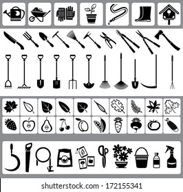 Garden and nature icons with fruits, vegetables, leaves, fruits and garden tools