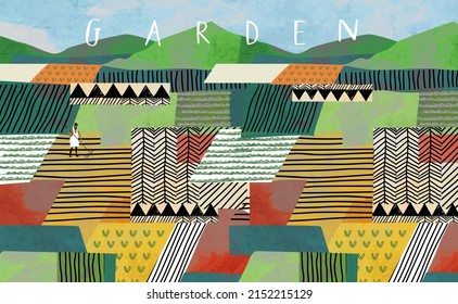Garden, nature and landscape. Vector illustration of a sown field on a farm in the form of a pattern, crop, mountains and a farmer. Drawing for banner, poster or background