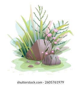 Garden nature scene with wild green grasses, blooming pink flowers, and natural stones. Peaceful botanical hand drawn setting, isolated clip art. Vector cartoon illustration in watercolor style.