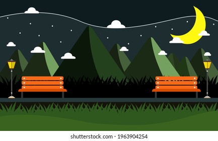 garden with night background, cool and calm decorated with garden lights and also the bench is made with vectors. city park background