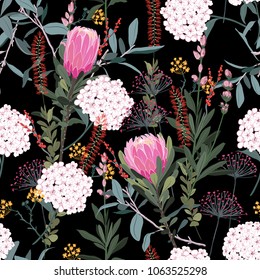 Garden in the night floral pattern in the many kind of flowers. Tropical botanical  . Seamless vector texture.fashion prints. Printing with in hand drawn style on black background.