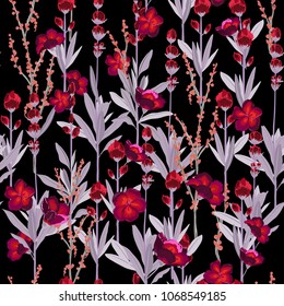 A garden night florals pattern in the many kind of flowers. Tropical botanical . Seamless vector texture.fashion prints. Printing with in hand drawn style on black background.