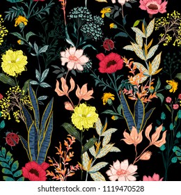 A garden in the night full of  blooming flower in many kind floral seasonal seamless pattern vector ,hand drawing style for fashion, fabric and all prints on black background.