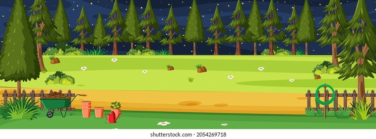 Garden at night time horizontal scene illustration