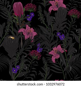 A garden in the night  unfinished  flowers and leaves outline in hand sketch and drawing ,many kind of floral in seamless pattern vector illustration on black background