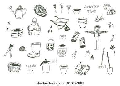 Garden objects vector line illustrations set