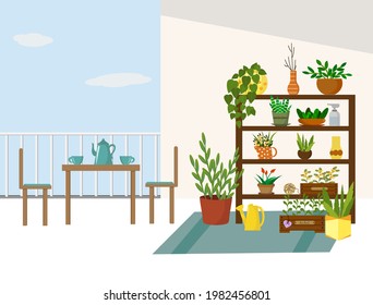 Garden on the balcony. Tea table, rack with flowers and seedling boxes. A place to relax. Vector illustration. For use in brochures, flyers, promotional illustrations, books and covers.