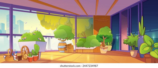 Garden on home balcony with plant in pot vector. Urban house veranda interior with flower grow. Diy greenhouse on modern apartment patio with window, basket and flowerpot. Indoor homey eco hobby.