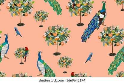A garden with orange trees in bloom in which tame peacocks and cockatoo parrots walk on a peach beige background. Seamless pattern with tropical birds and plants. Vector illustration.