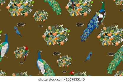 A garden with orange trees in bloom in which tame peacocks and cockatoo parrots walk on a tan brown background. Seamless pattern with tropical birds and plants. Vector illustration.