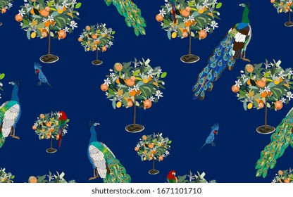 A garden with orange trees in bloom in which tame peacocks and cockatoo parrots walk on a indigo blue background. Seamless pattern with tropical birds and plants. Vector illustration.