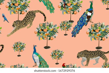 A garden with orange trees in bloom in which tame leopards, peacocks and cockatoo parrots walk on a peach beige background. Seamless pattern with tropical animals,birds and plants.Vector illustration