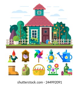 Garden and orchard. House, garden, trees, flowers bed, tools, watering, light, basket, fruit, vegetables, birdhouse. Vector flat illustration and icon set