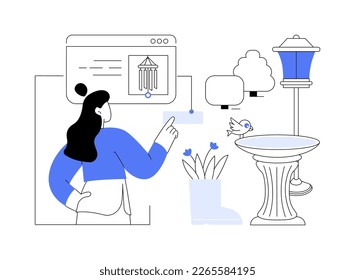 Garden ornaments abstract concept vector illustration. Outdoor decoration, bird bath, artisan animal sculpture, landscape design, garden accessories, wind chime, shop online abstract metaphor.