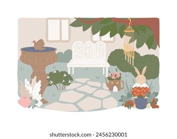 Garden ornaments isolated concept vector illustration. Outdoor decoration, bird bath, artisan animal sculpture, landscape design, garden accessories, wind chime, shop online vector concept.