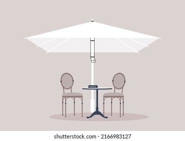 A garden outdoor cafe with a white parasol and rattan chairs, cozy french furniture svg