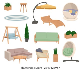 Garden outdoor furniture set. Set of Outdoor, porch zone, garden furniture with potted plants illustration