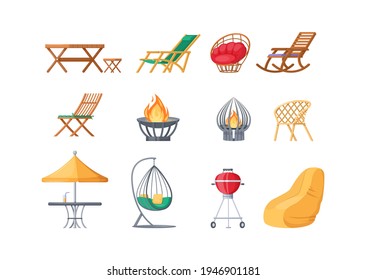Garden outdoor furniture set. Swing bench seat, bag rocking chair, table with umbrella, hanging hammock, gazebo, fireplaces, barbecue grill, gazebo tent. Furniture for rest relaxation cartoon vector