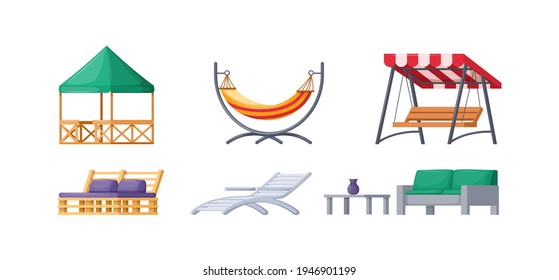Garden outdoor furniture set. Swing bench seat, bag rocking chair, table with umbrella, hanging hammock, gazebo, fireplaces, barbecue grill, gazebo tent. Furniture for rest relaxation cartoon vector