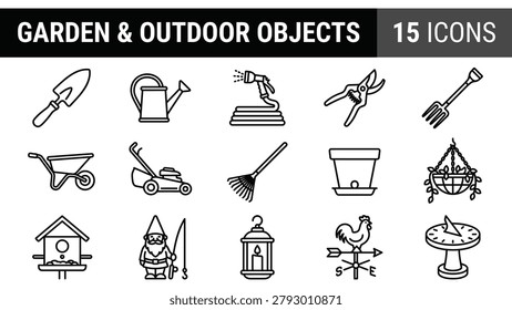 Garden and Outdoor Objects Icon Set: Tools, Plants, and Decor for a Natural Lifestyle