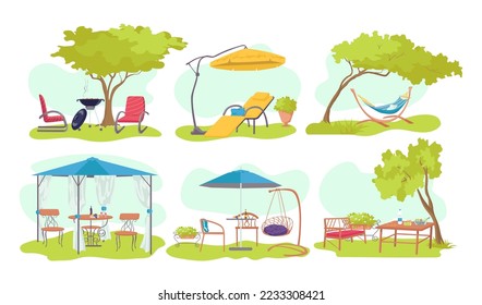 Garden outdoor wood furniture set, vector illustration. Summer home design at nature background, flat umbrella, chair at house backyard.