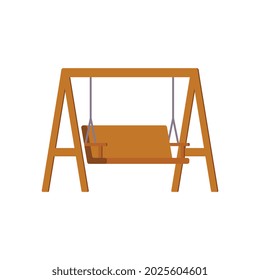 Garden outdoor wooden hanging on frame porch swing or swinging bench. Garden furniture swing element, flat vector illustration isolated on white background.