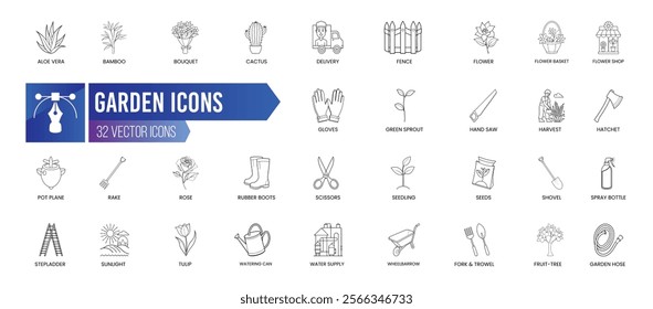 GARDEN - Outline Icon Collection. Thin Line Set contains such Icons as Green Sprout, Hand Saw, Rake, Wheelbarrow and more. Simple web icons set.