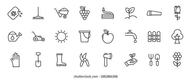 garden outline vector icons isolated on white. gardening icon set for web and ui design, mobile apps and print products