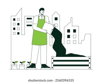 Garden owner pours fertilizer on wooden box ready to plant various types of plants, urban farming vector illustration.