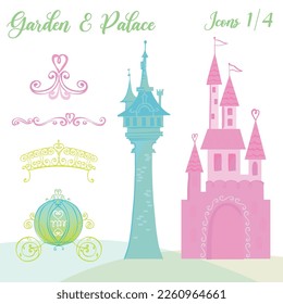 Garden, palace and wildlife icon illustration with fairytale princess design
