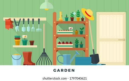 Garden pantry room with tools. Vector flat illustrations. Concept of gardening.