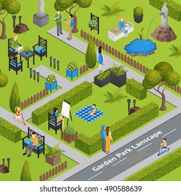 Garden park landscape with grass green fence and plants chairs and table for visitors isometric vector illustration