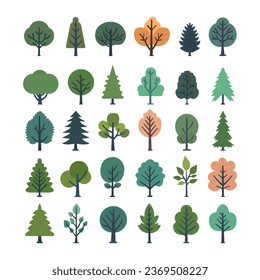 Garden or park landscaping elements. Tree icons set in a modern flat style. A large set of various trees. Vector illustration