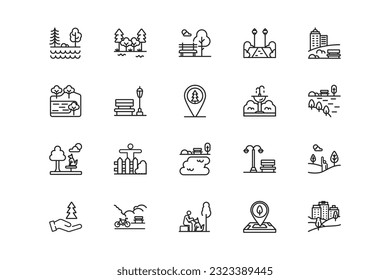 Garden Park lines icon set. Garden Park genres and attributes. Linear design. Lines with editable stroke. Isolated vector icons.